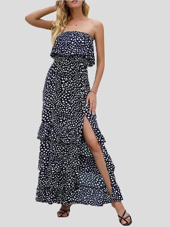 Printed Tube Top Ruffled Slit Dress