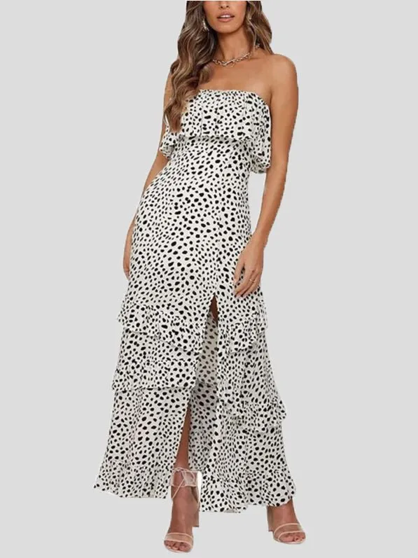 Printed Tube Top Ruffled Slit Dress