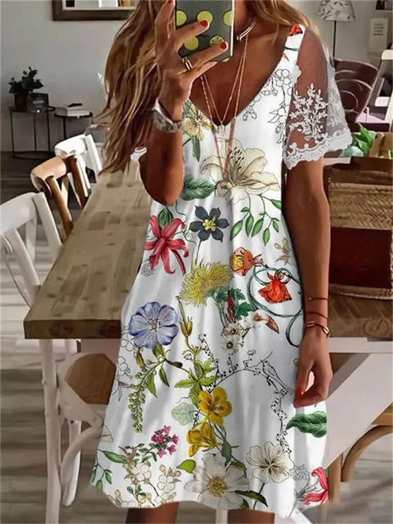 Printed V-Neck Lace Sleeve Dress