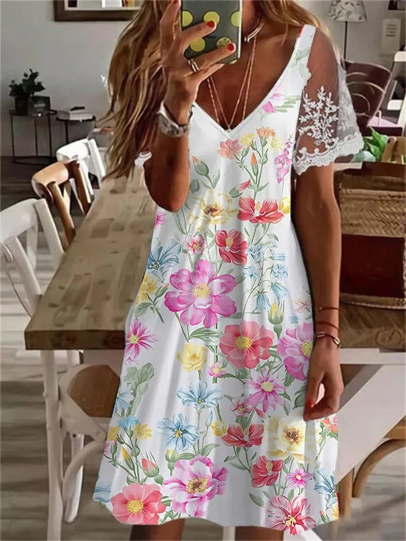 Printed V-Neck Lace Sleeve Dress