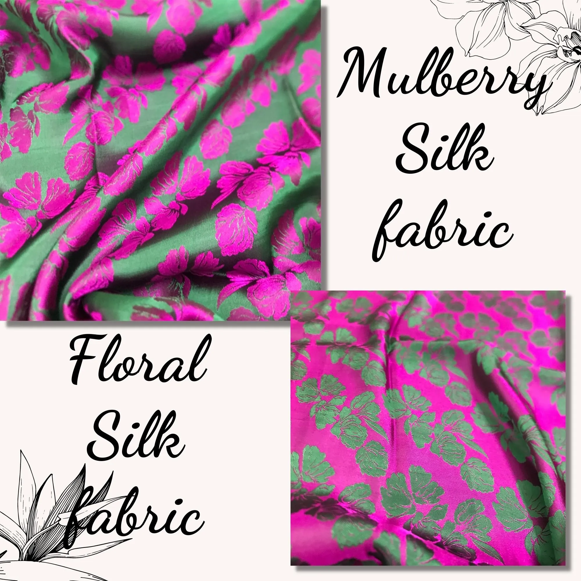 PURE MULBERRY SILK fabric by the yard - Floral silk fabric - Handmade fabric – Dress making – Silk for sewing - Gift for women - Silk apparel fabric