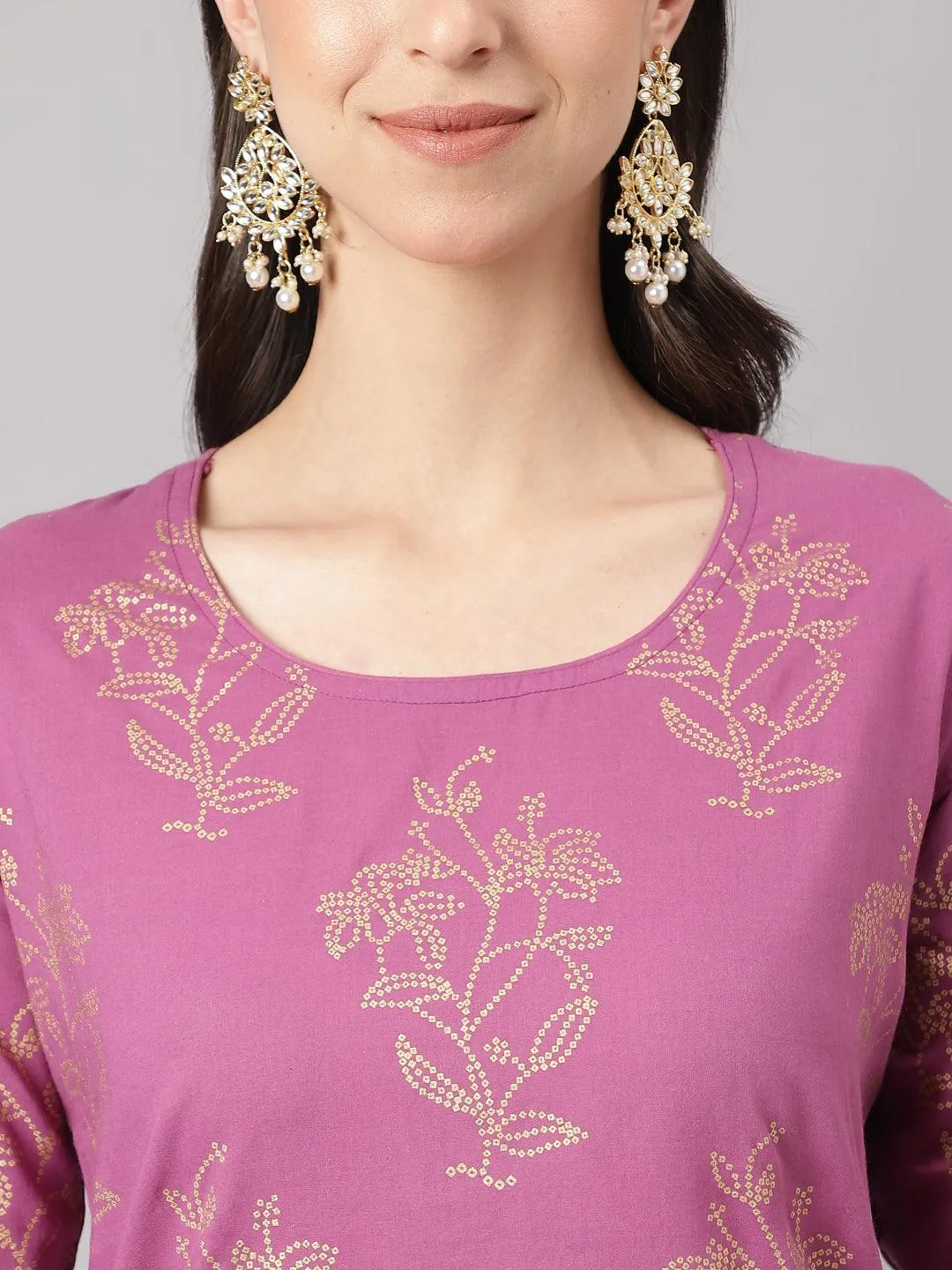 Purple Foil Print Cotton Sharara Set With Dupatta