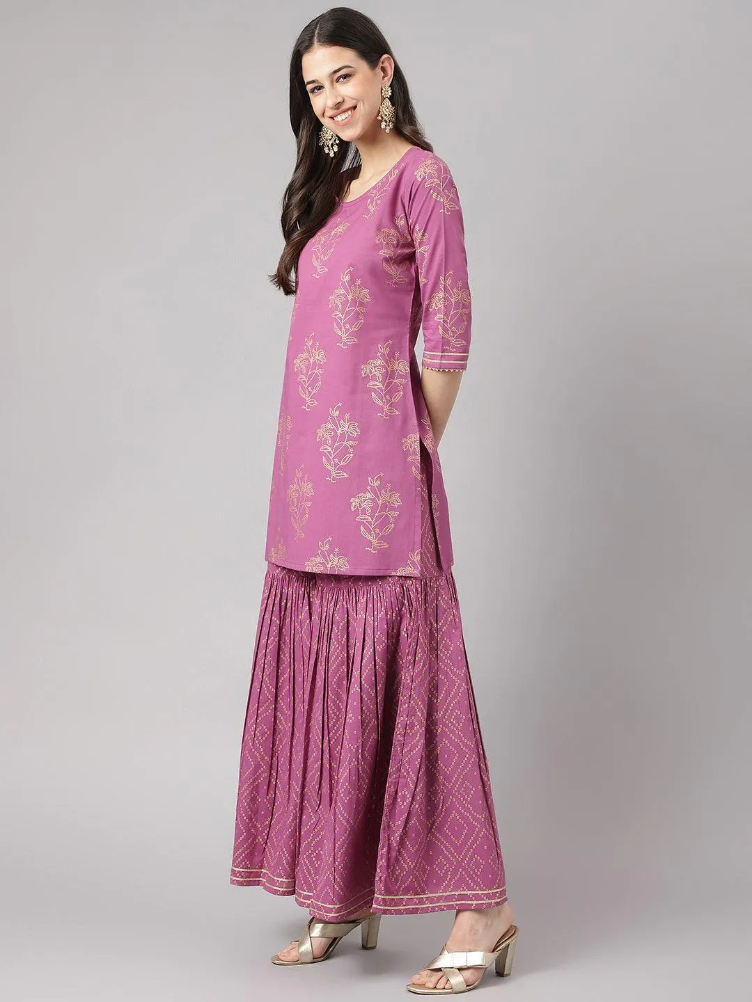 Purple Foil Print Cotton Sharara Set With Dupatta
