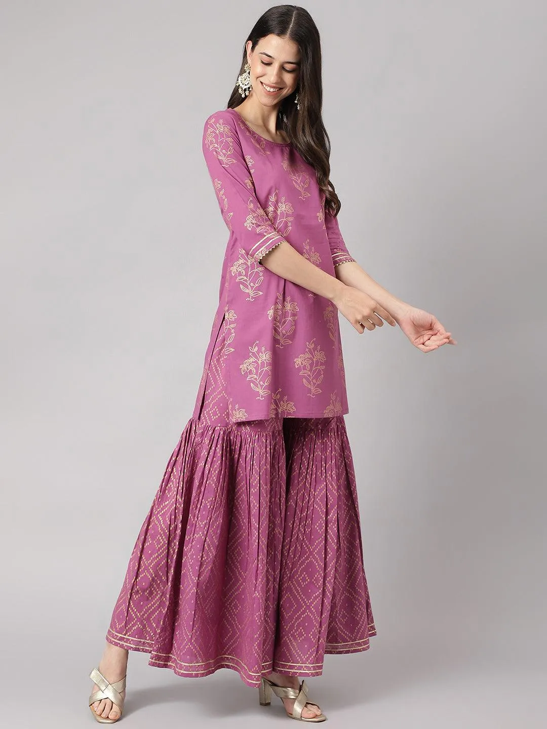 Purple Foil Print Cotton Sharara Set With Dupatta