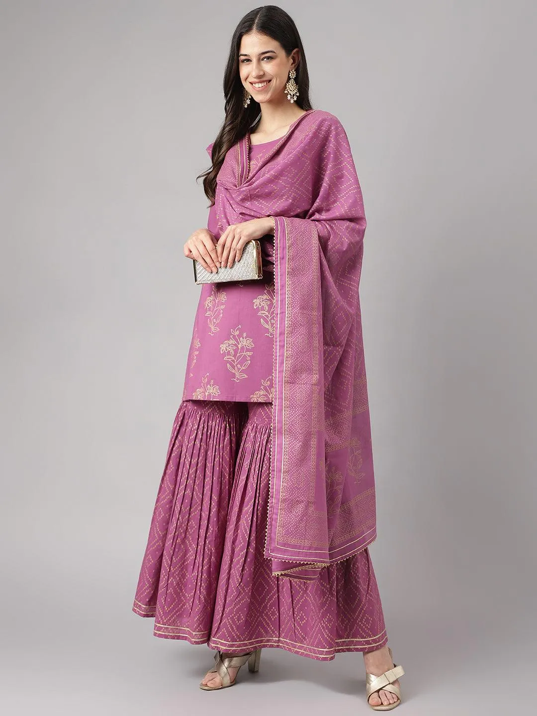 Purple Foil Print Cotton Sharara Set With Dupatta
