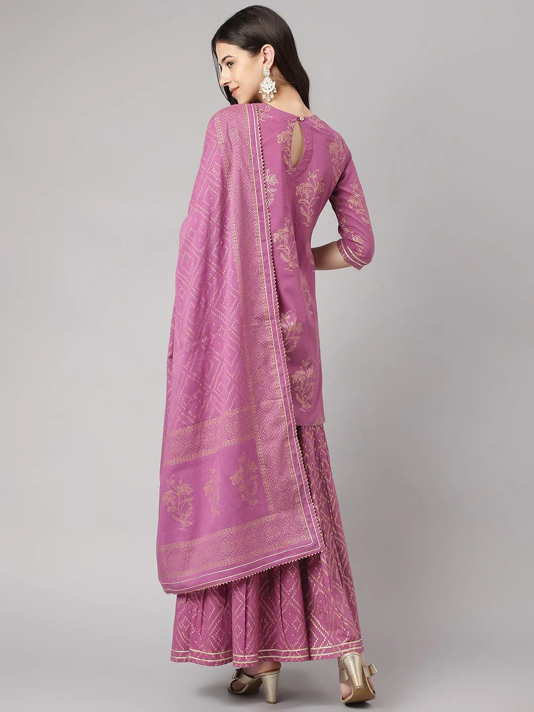 Purple Foil Print Cotton Sharara Set With Dupatta