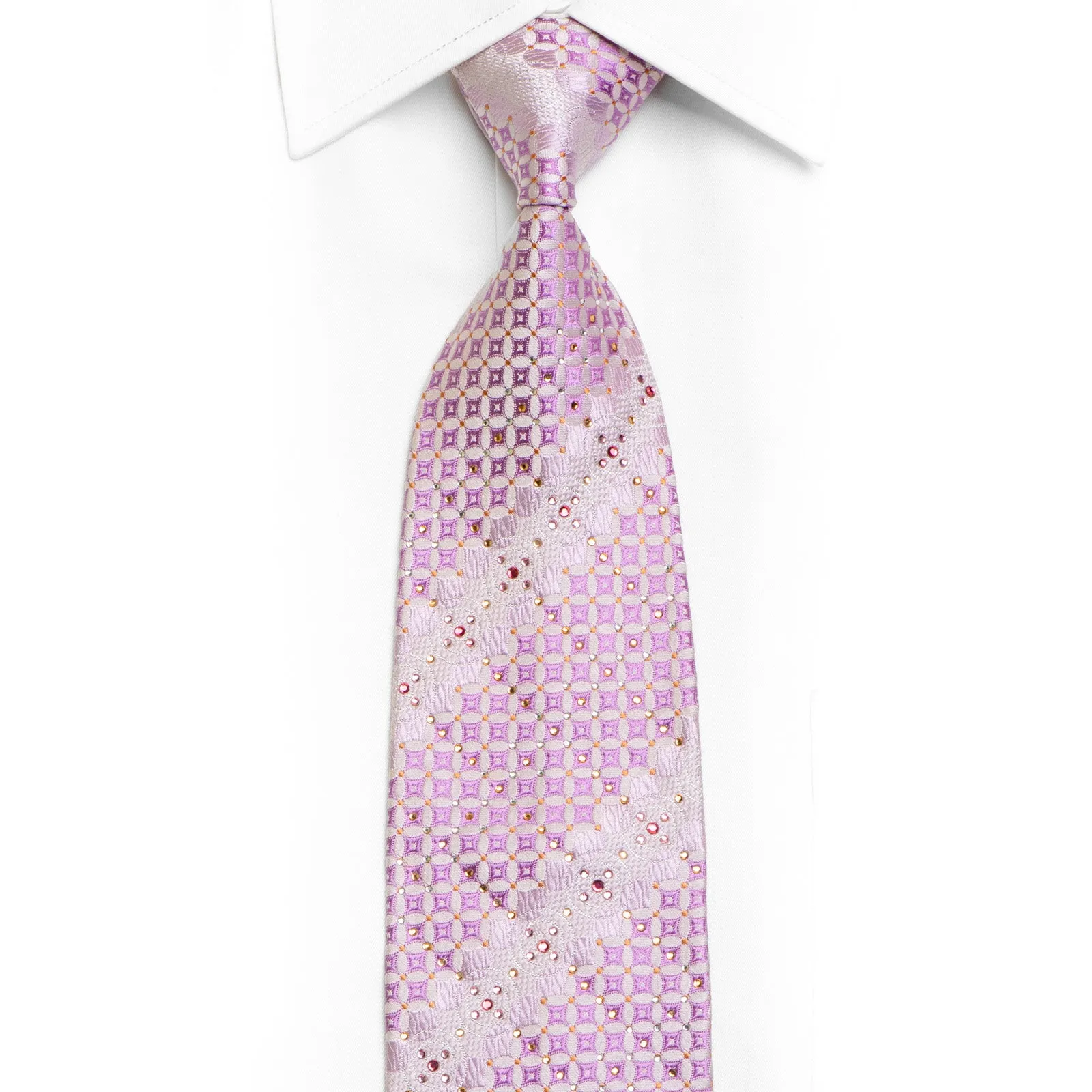 Purple Geometric On Mauve Rhinestone Necktie With Silver Sparkles