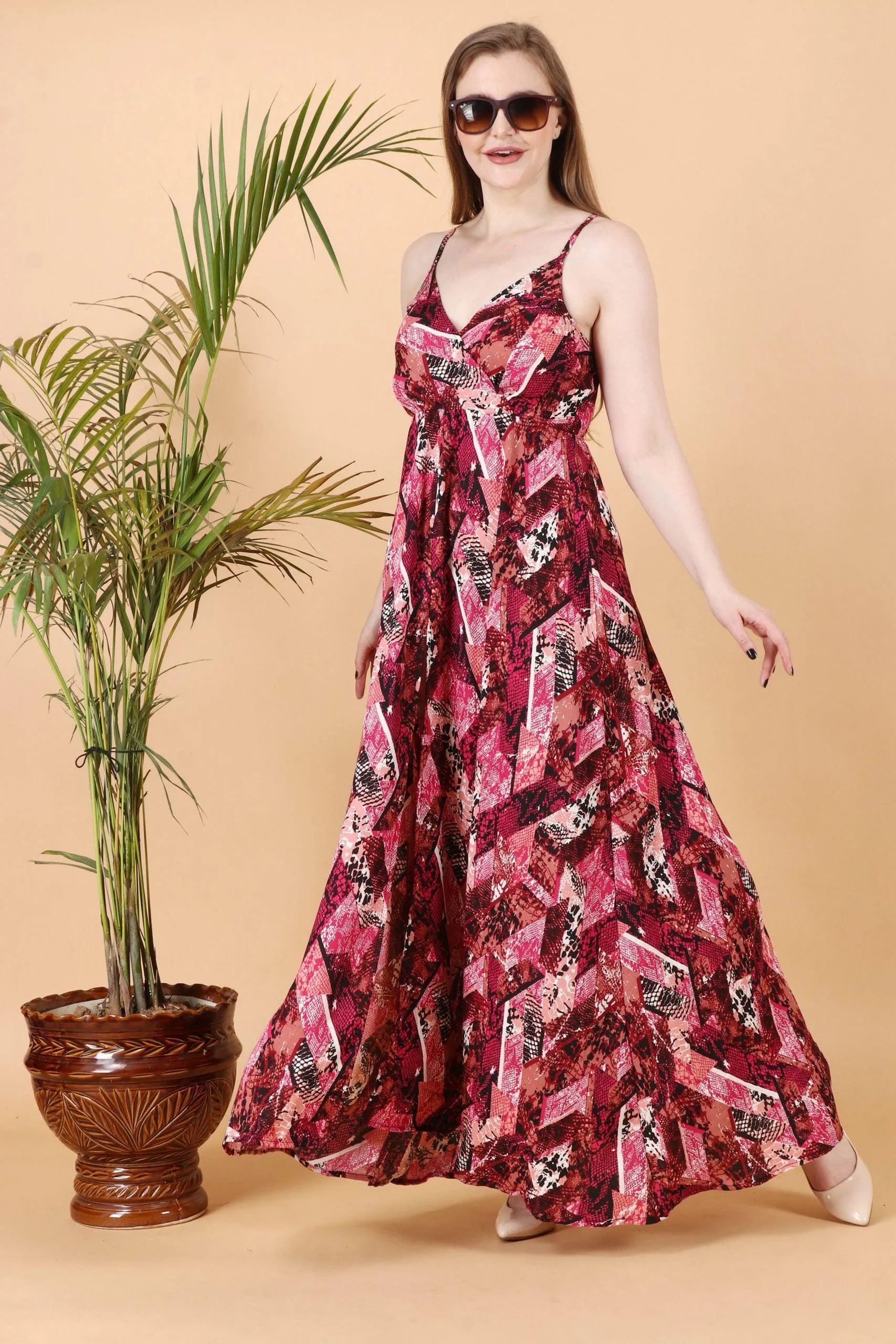 Red Abstract Square Printed Slit Maxi Dress