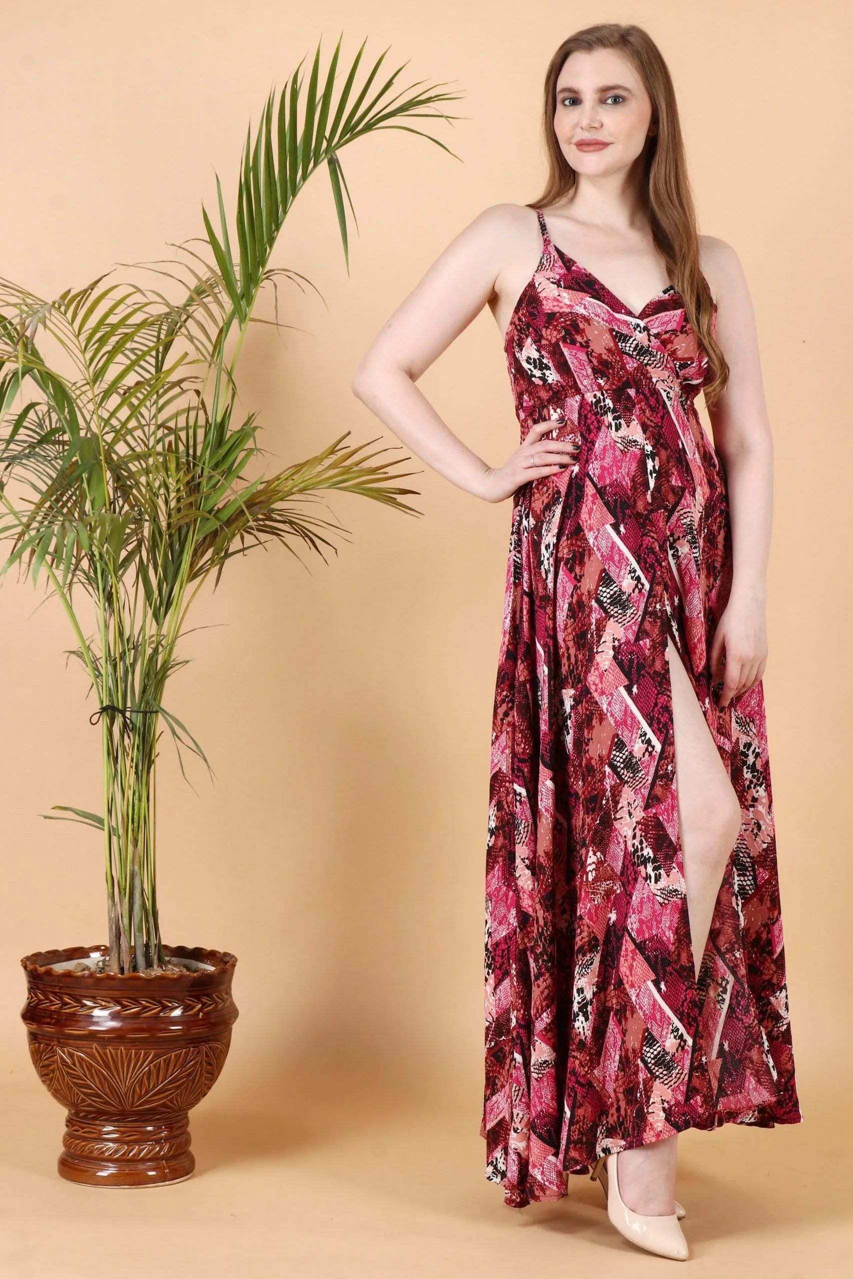 Red Abstract Square Printed Slit Maxi Dress