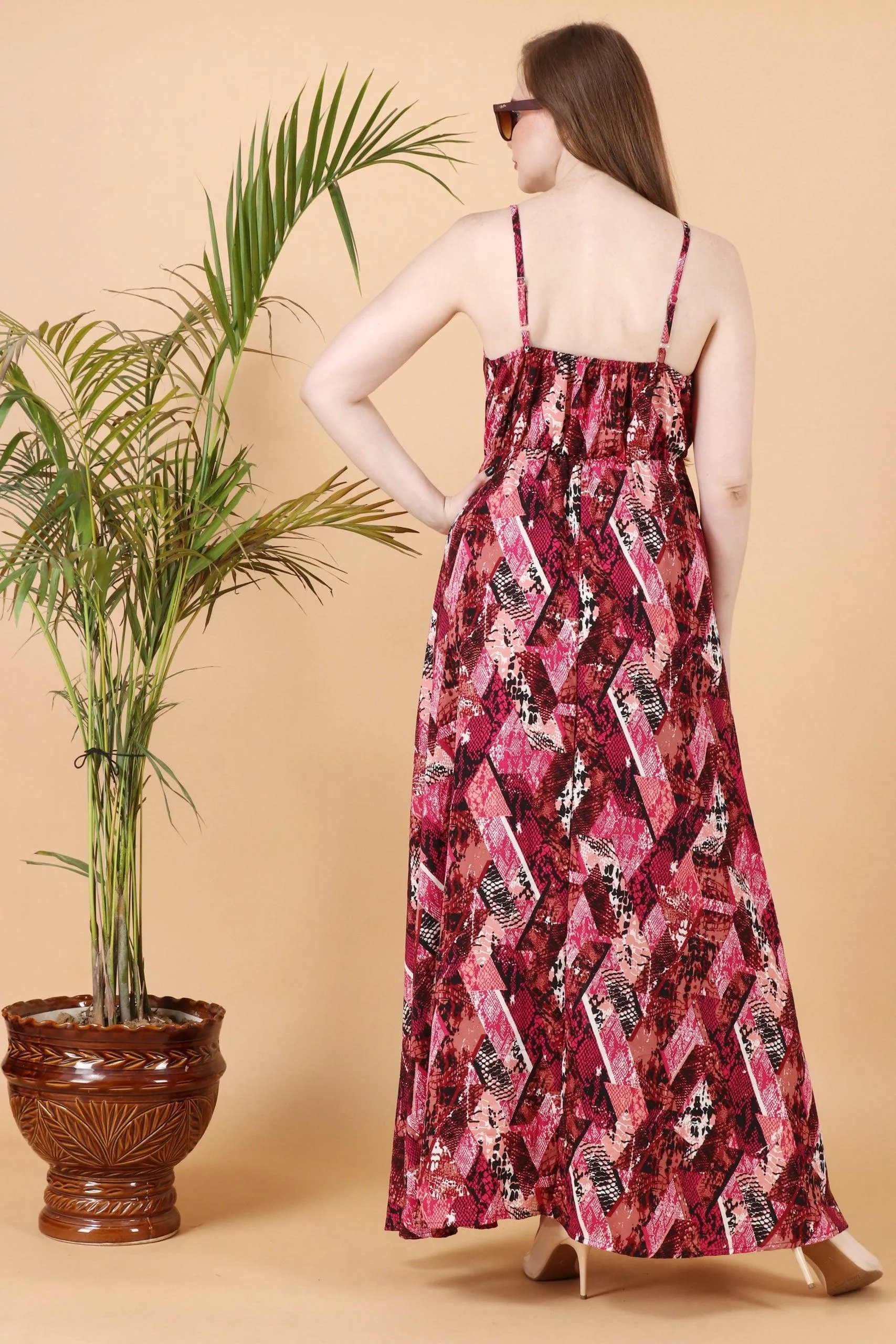 Red Abstract Square Printed Slit Maxi Dress