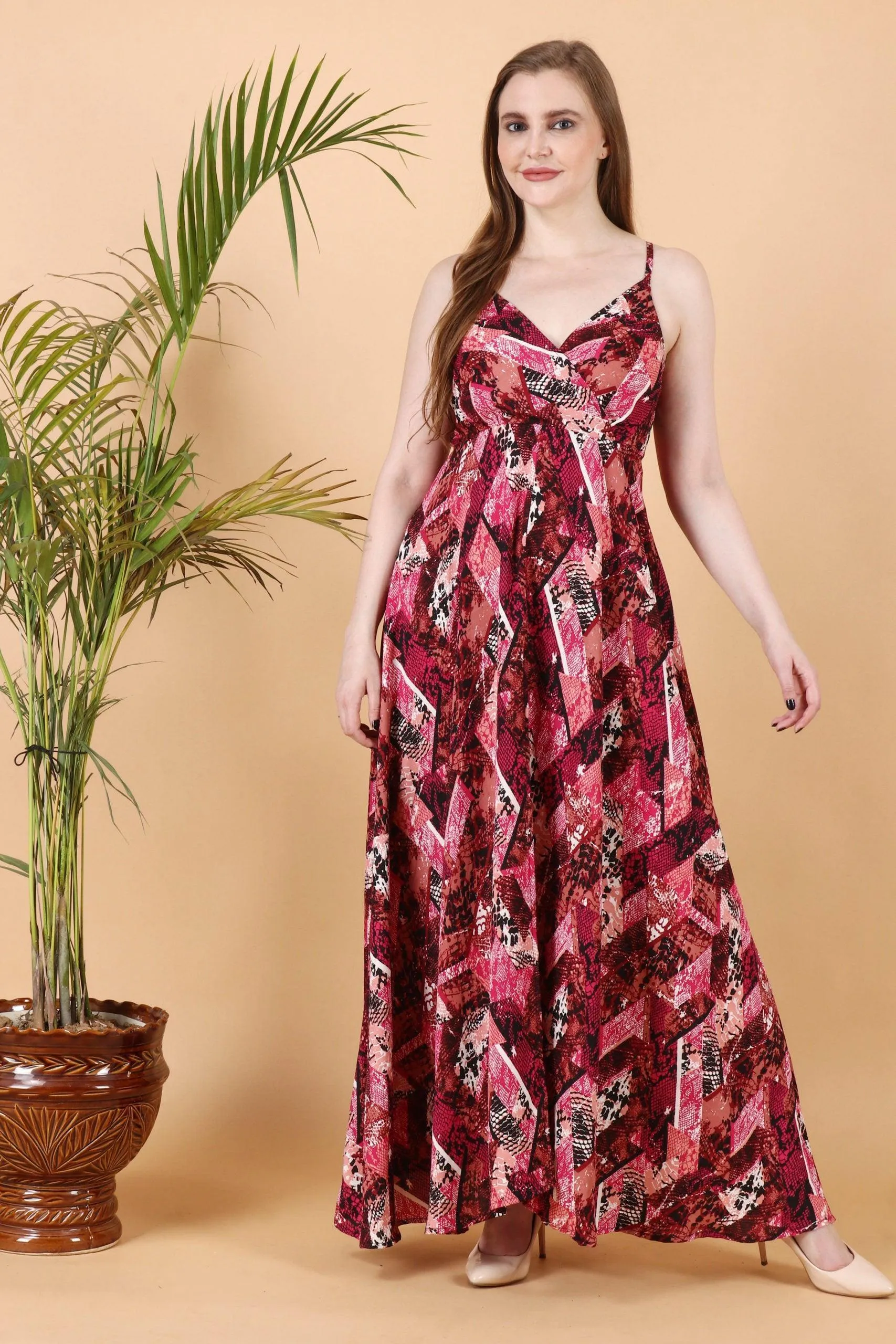 Red Abstract Square Printed Slit Maxi Dress