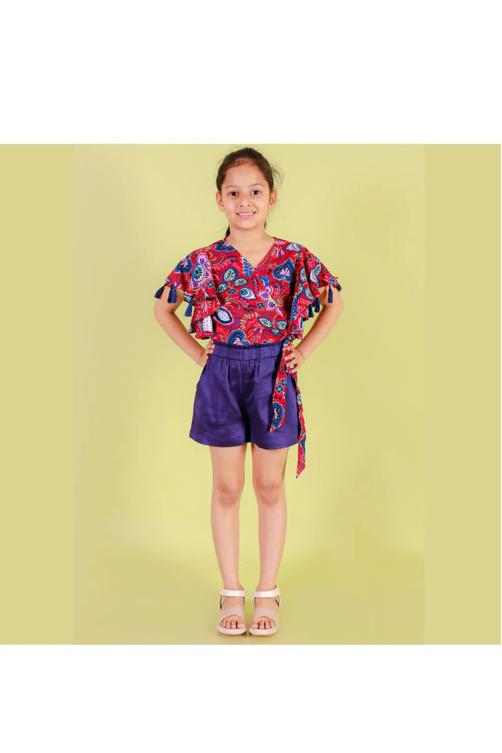 Red And Purple Printed With Tassels Detailing Top With Short Set
