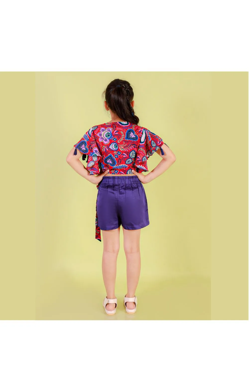 Red And Purple Printed With Tassels Detailing Top With Short Set