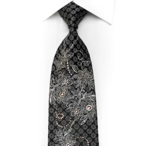 Renoma Men's Crystal Silk Tie Silver Floral On Black With Silver Sparkles