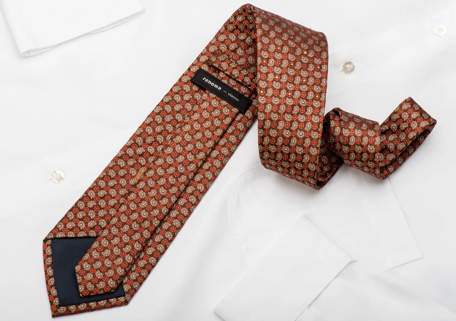 Renoma Men's Rhinestone Silk Necktie Orange Yellow Foulard Paisley On Brown With Silver Sparkles