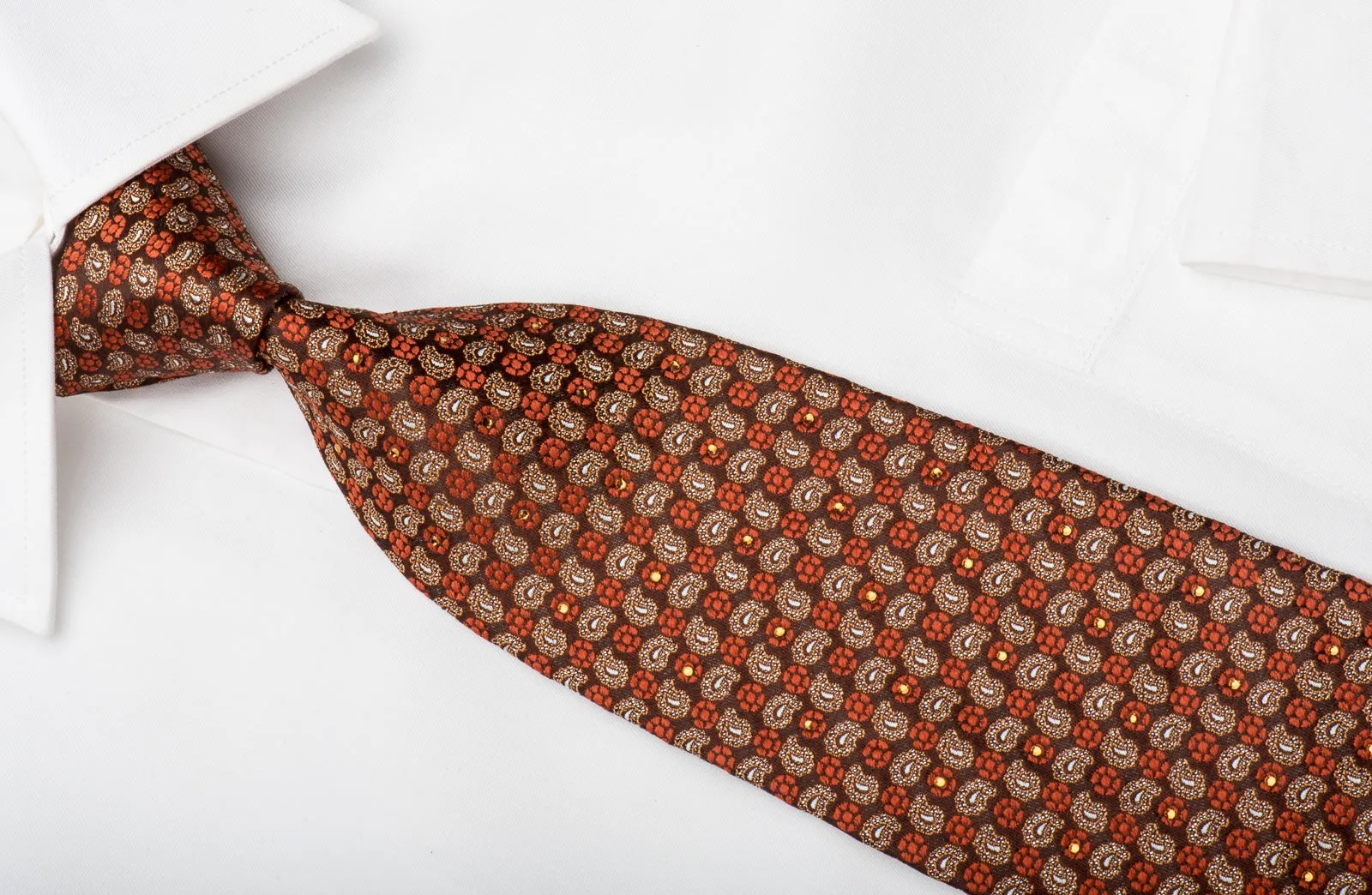 Renoma Men's Rhinestone Silk Necktie Orange Yellow Foulard Paisley On Brown With Silver Sparkles