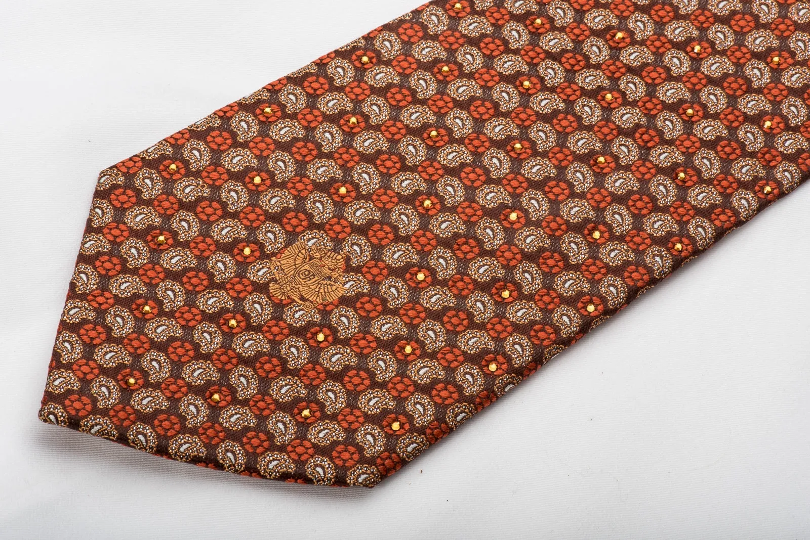 Renoma Men's Rhinestone Silk Necktie Orange Yellow Foulard Paisley On Brown With Silver Sparkles
