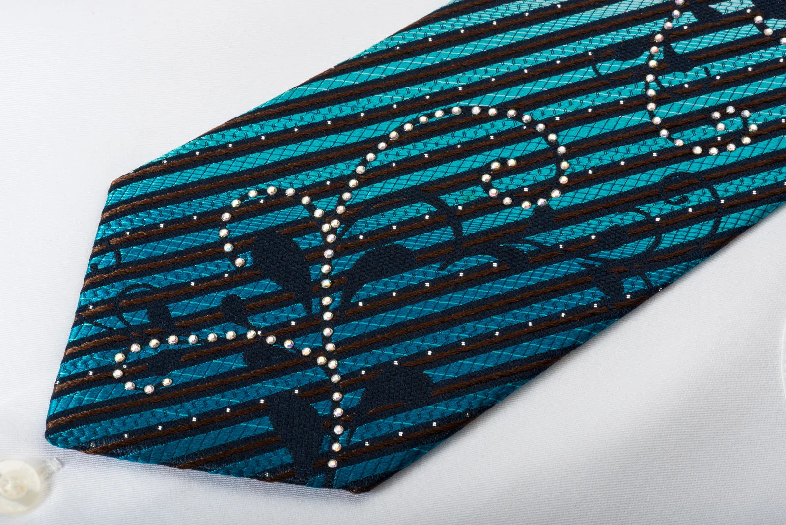 Renoma Rhinestone Silk Necktie Turquoise Stripes On Black With Silver Sparkles