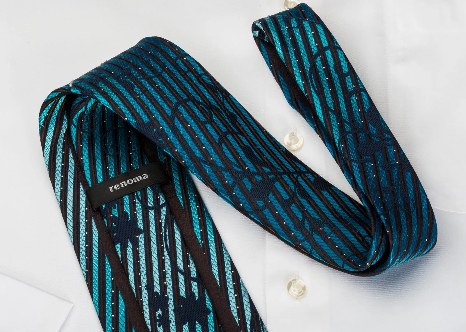 Renoma Rhinestone Silk Necktie Turquoise Stripes On Black With Silver Sparkles