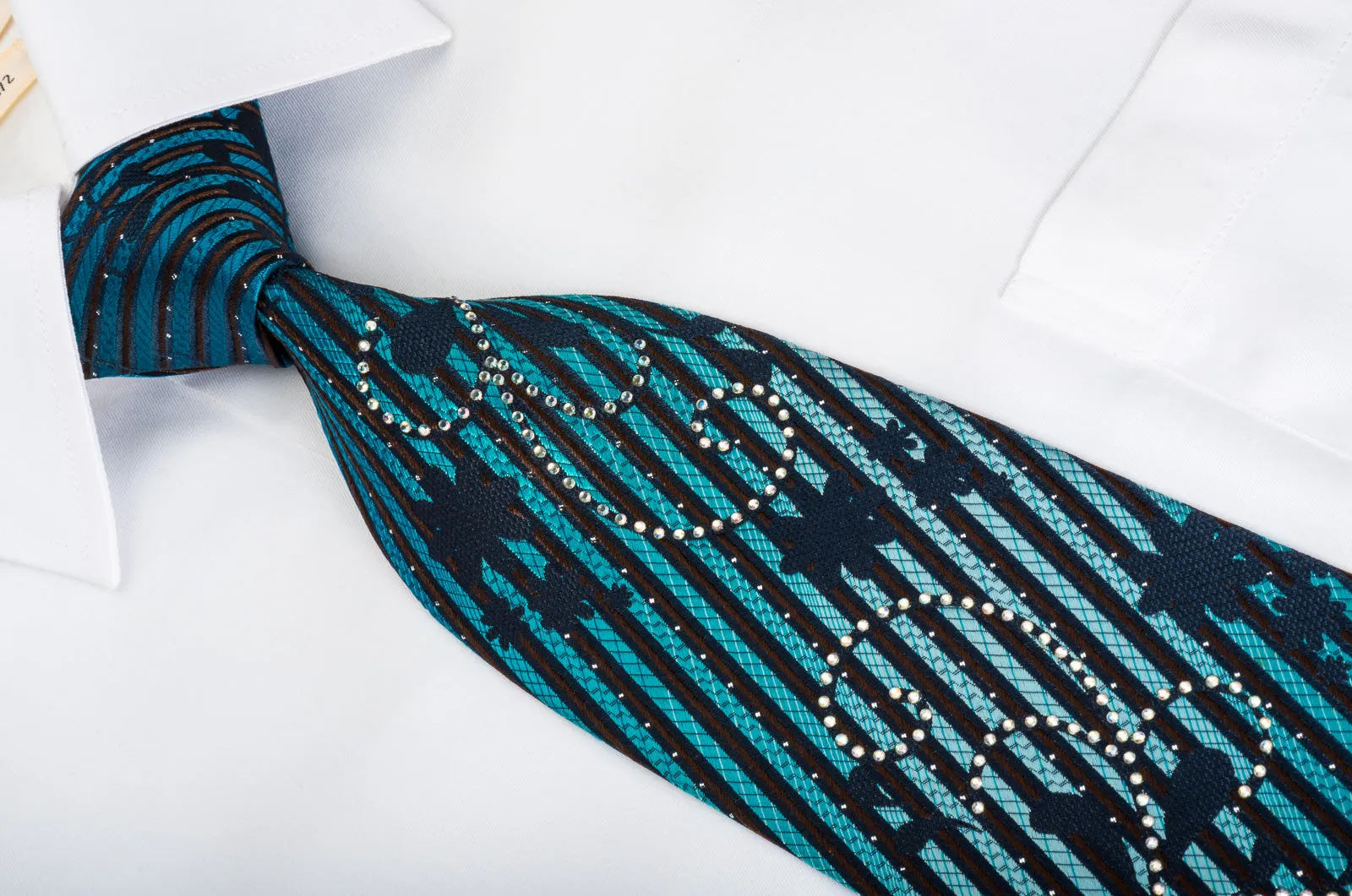 Renoma Rhinestone Silk Necktie Turquoise Stripes On Black With Silver Sparkles