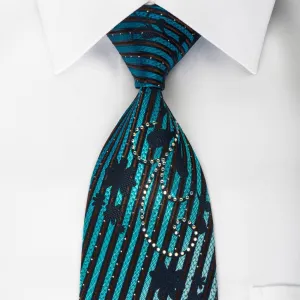 Renoma Rhinestone Silk Necktie Turquoise Stripes On Black With Silver Sparkles