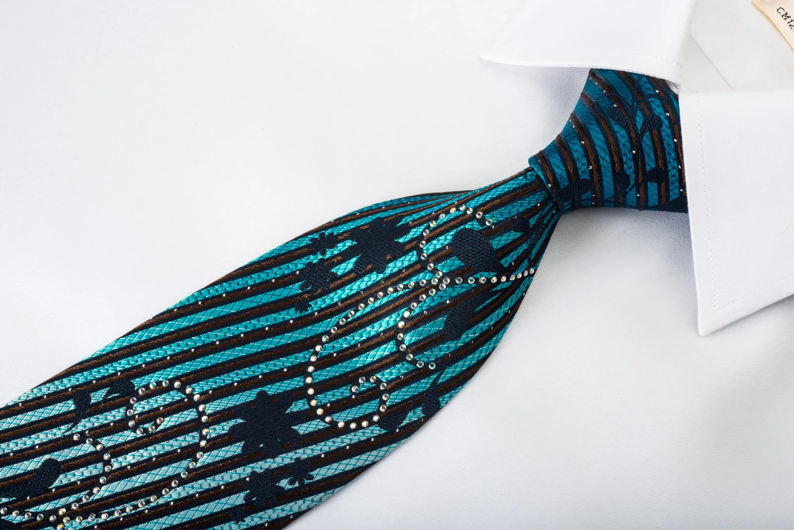 Renoma Rhinestone Silk Necktie Turquoise Stripes On Black With Silver Sparkles