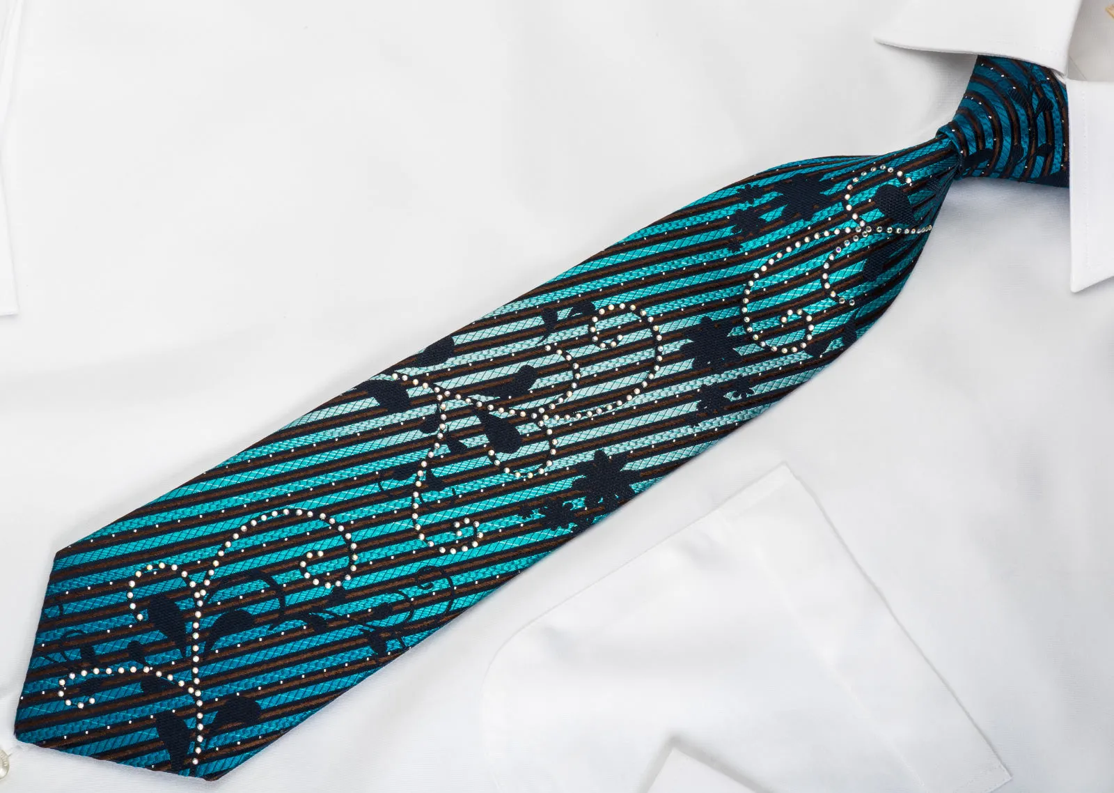Renoma Rhinestone Silk Necktie Turquoise Stripes On Black With Silver Sparkles