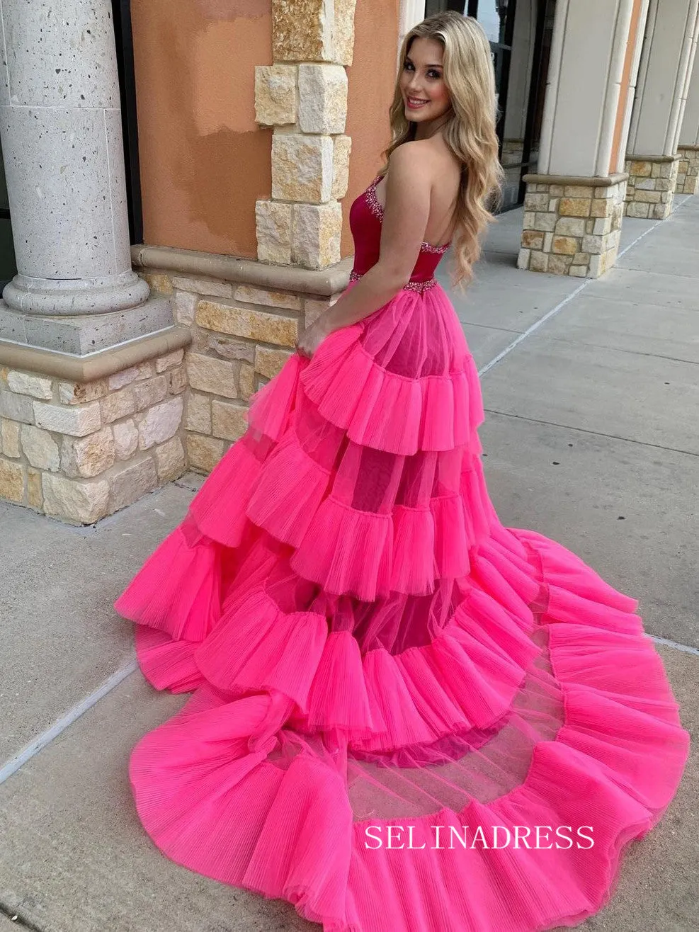 Rhinestone Embellished Fuchsia Pink Strapless Prom Dress lpk908