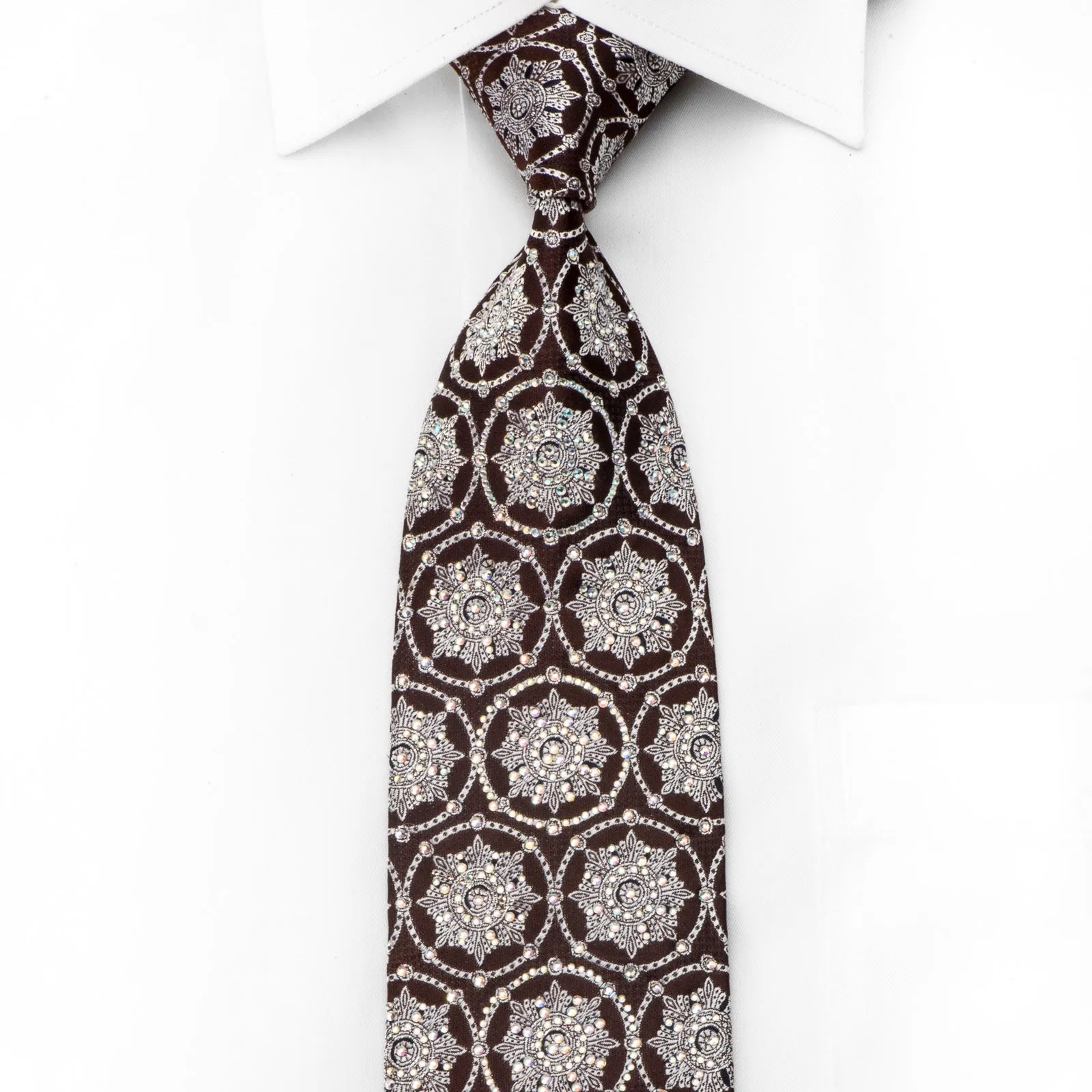 Roberta di Camerino Men's Crystal Necktie Silver Medallions On Brown Silk With Silver Sparkles
