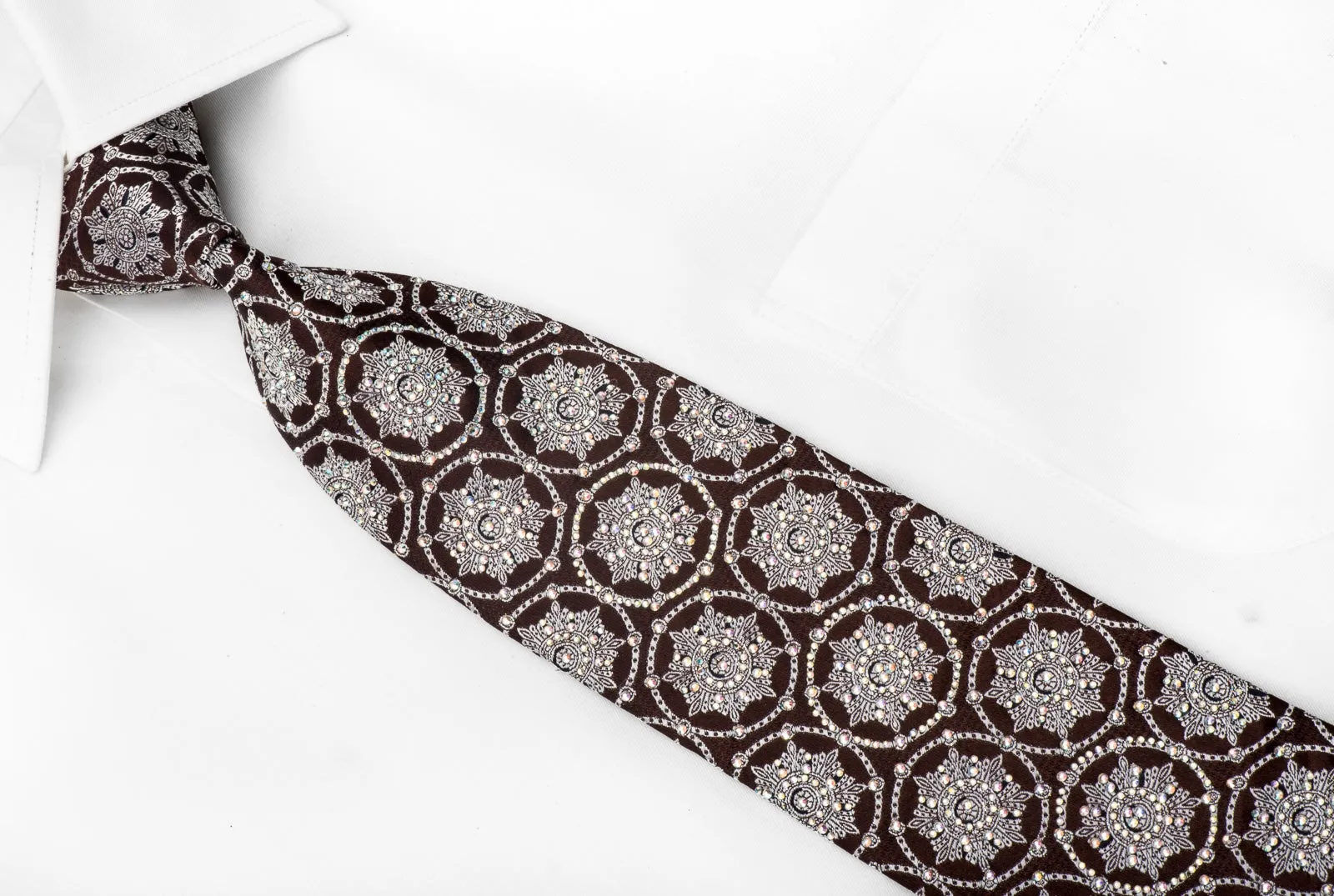 Roberta di Camerino Men's Crystal Necktie Silver Medallions On Brown Silk With Silver Sparkles