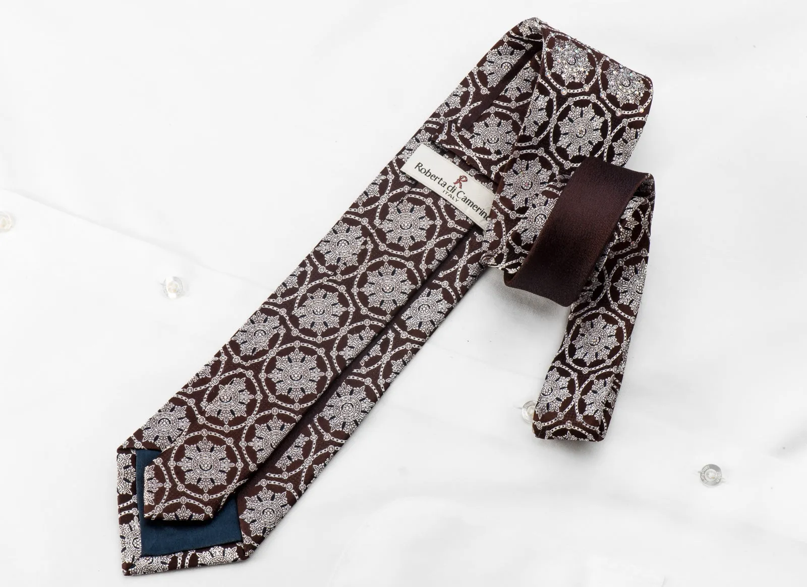 Roberta di Camerino Men's Crystal Necktie Silver Medallions On Brown Silk With Silver Sparkles
