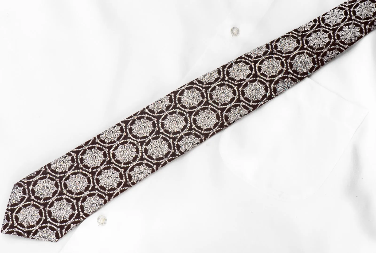 Roberta di Camerino Men's Crystal Necktie Silver Medallions On Brown Silk With Silver Sparkles