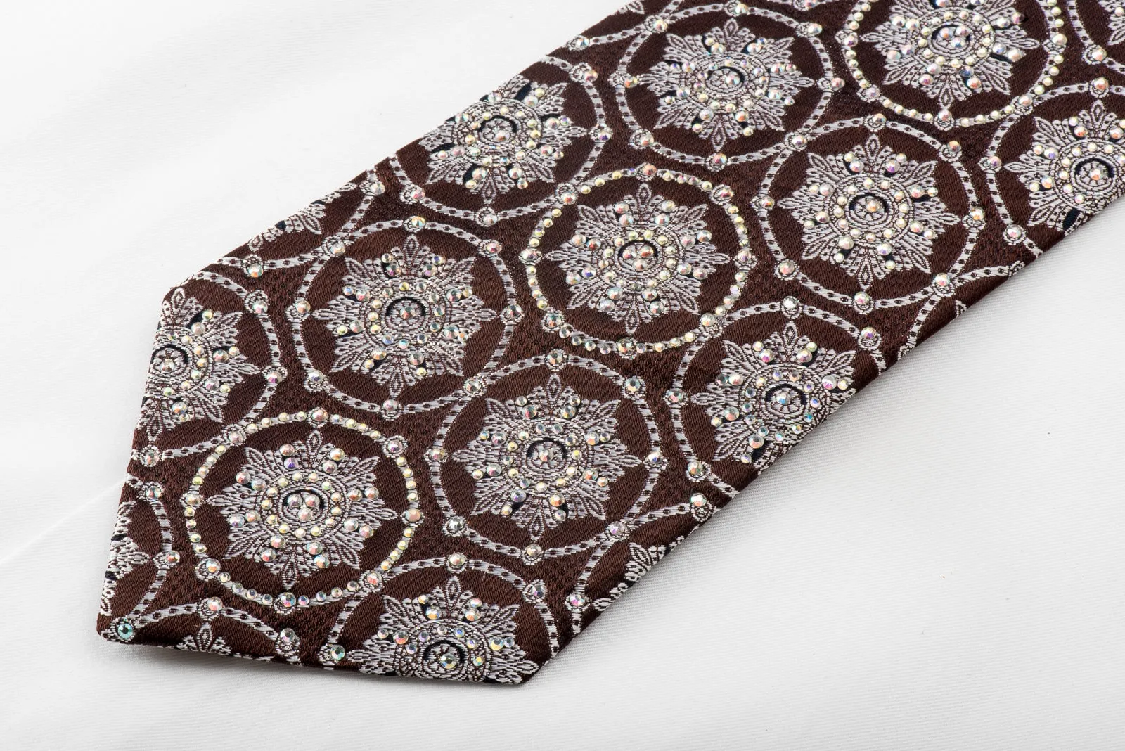Roberta di Camerino Men's Crystal Necktie Silver Medallions On Brown Silk With Silver Sparkles