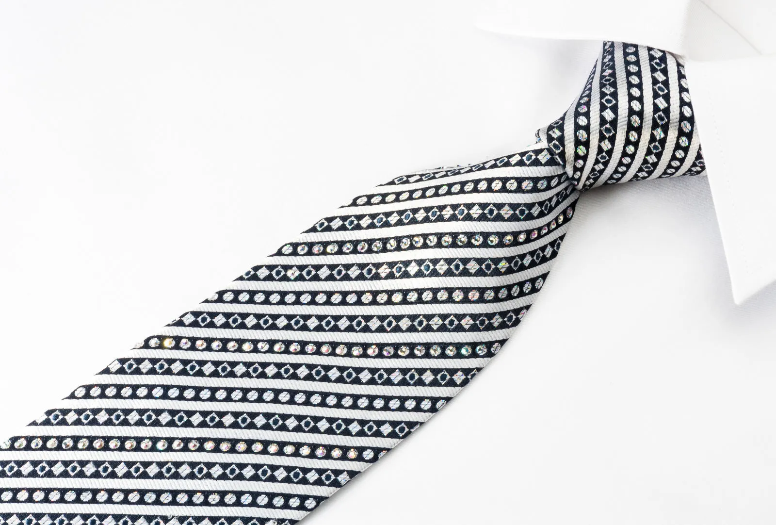 Roberta di Camerino Silk Rhinestone Tie Silver Stripes On Navy Blue With Silver Sparkles