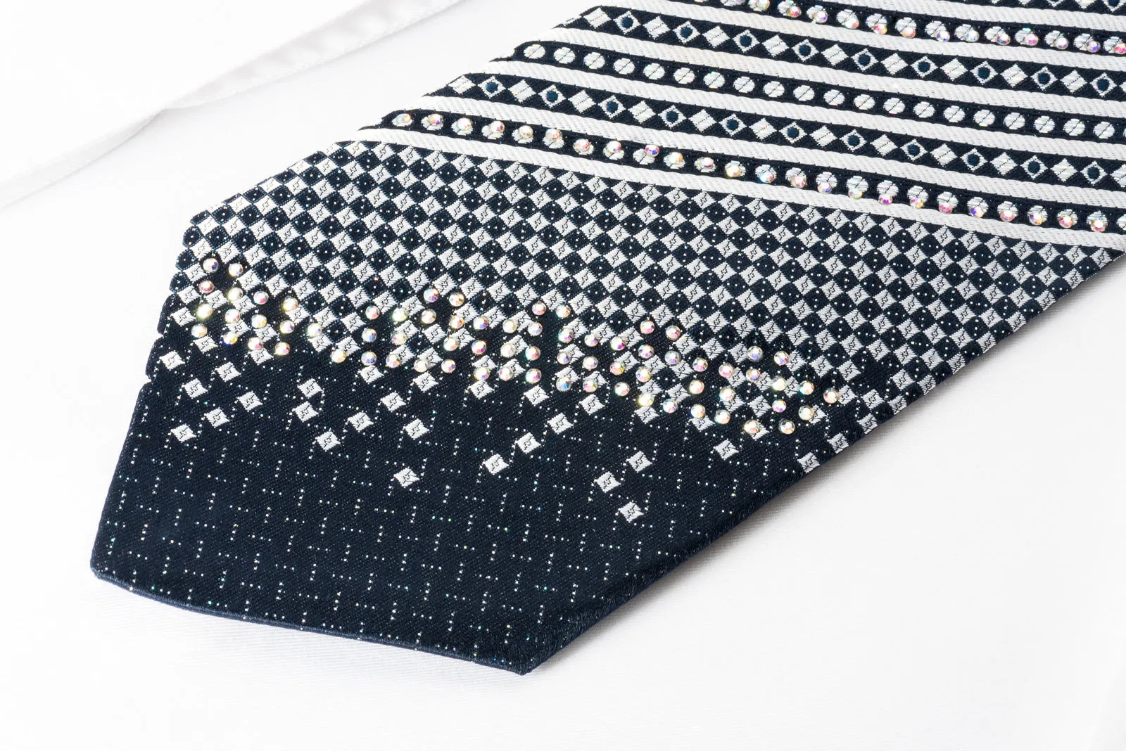 Roberta di Camerino Silk Rhinestone Tie Silver Stripes On Navy Blue With Silver Sparkles