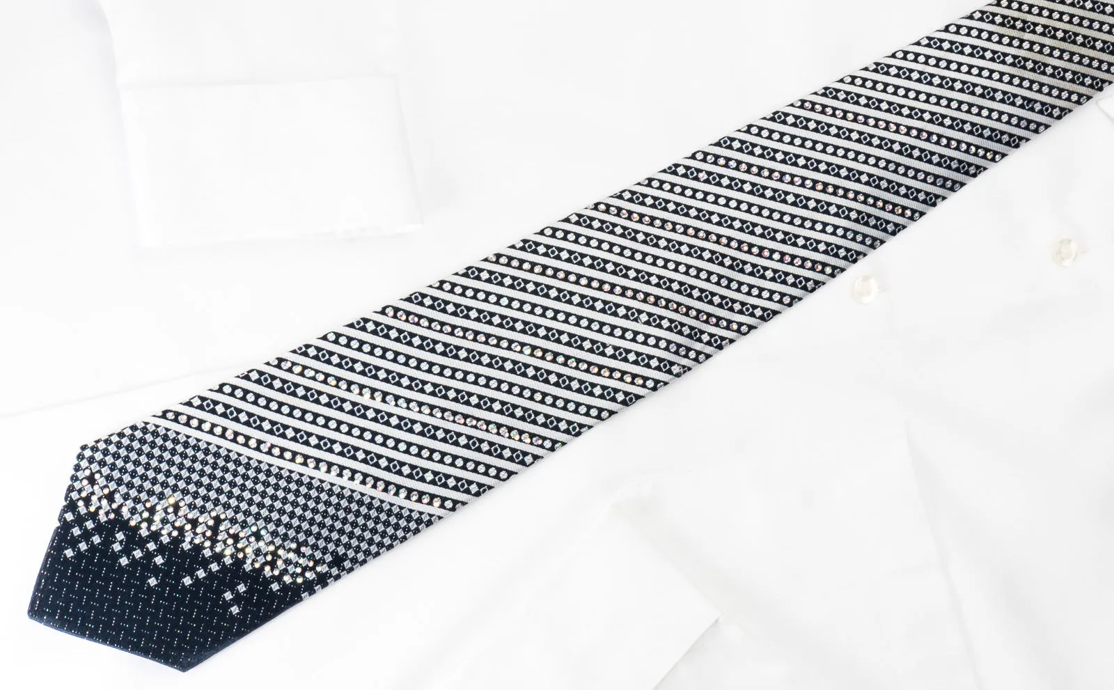 Roberta di Camerino Silk Rhinestone Tie Silver Stripes On Navy Blue With Silver Sparkles