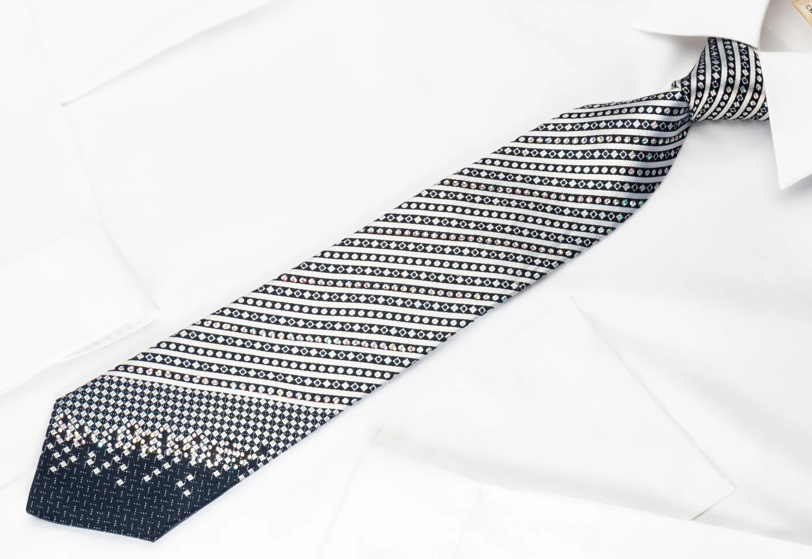 Roberta di Camerino Silk Rhinestone Tie Silver Stripes On Navy Blue With Silver Sparkles