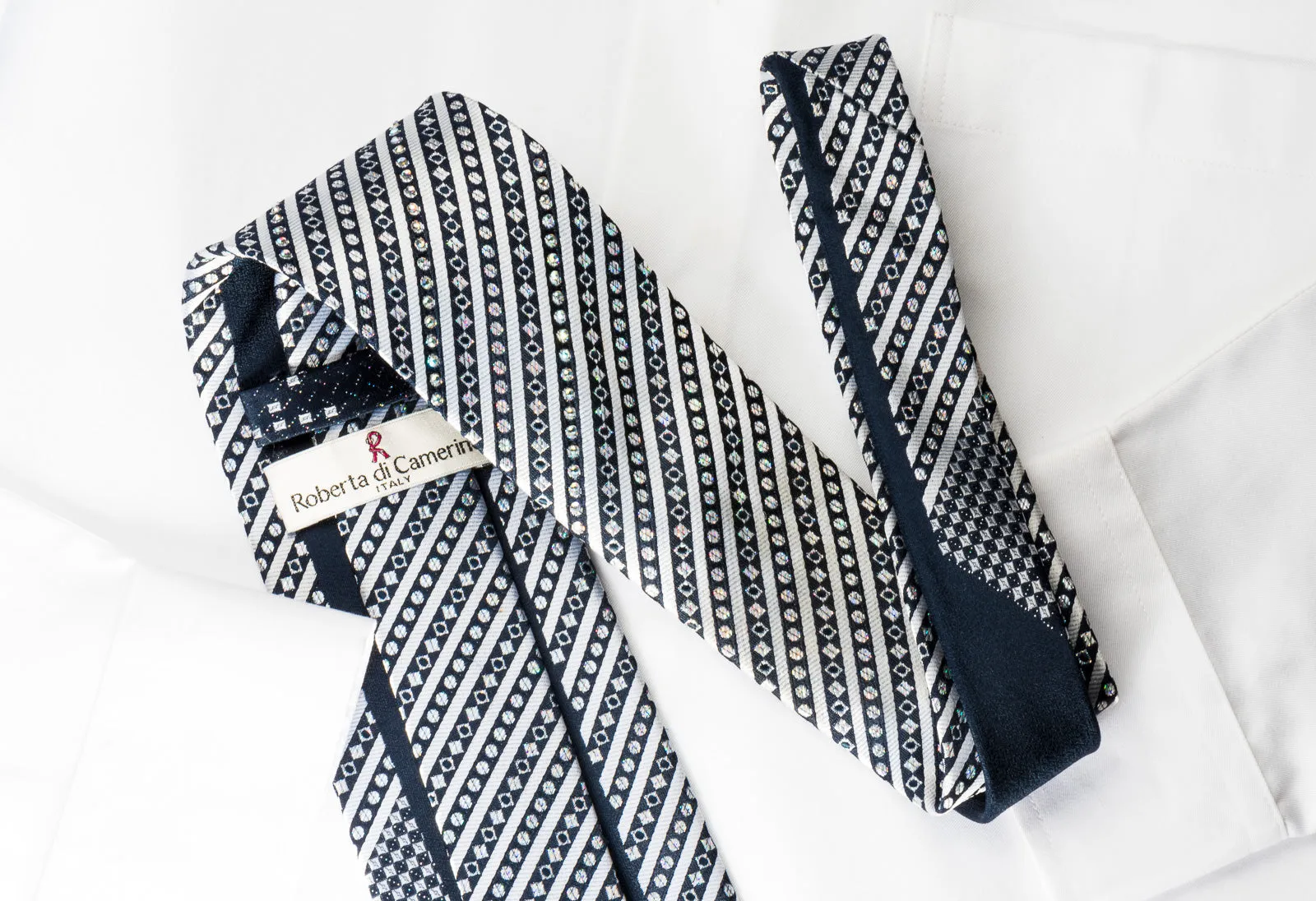 Roberta di Camerino Silk Rhinestone Tie Silver Stripes On Navy Blue With Silver Sparkles