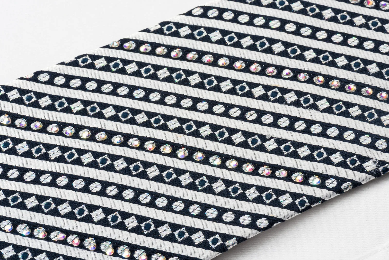 Roberta di Camerino Silk Rhinestone Tie Silver Stripes On Navy Blue With Silver Sparkles
