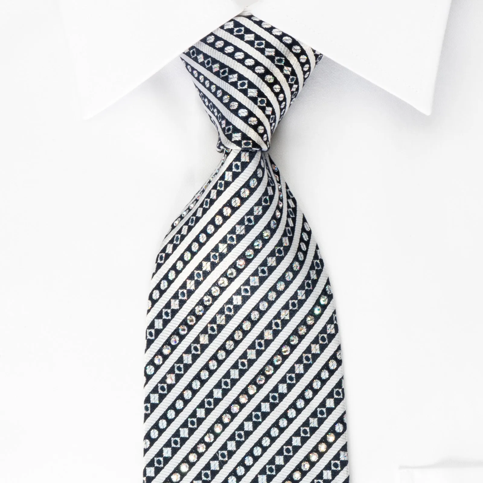 Roberta di Camerino Silk Rhinestone Tie Silver Stripes On Navy Blue With Silver Sparkles