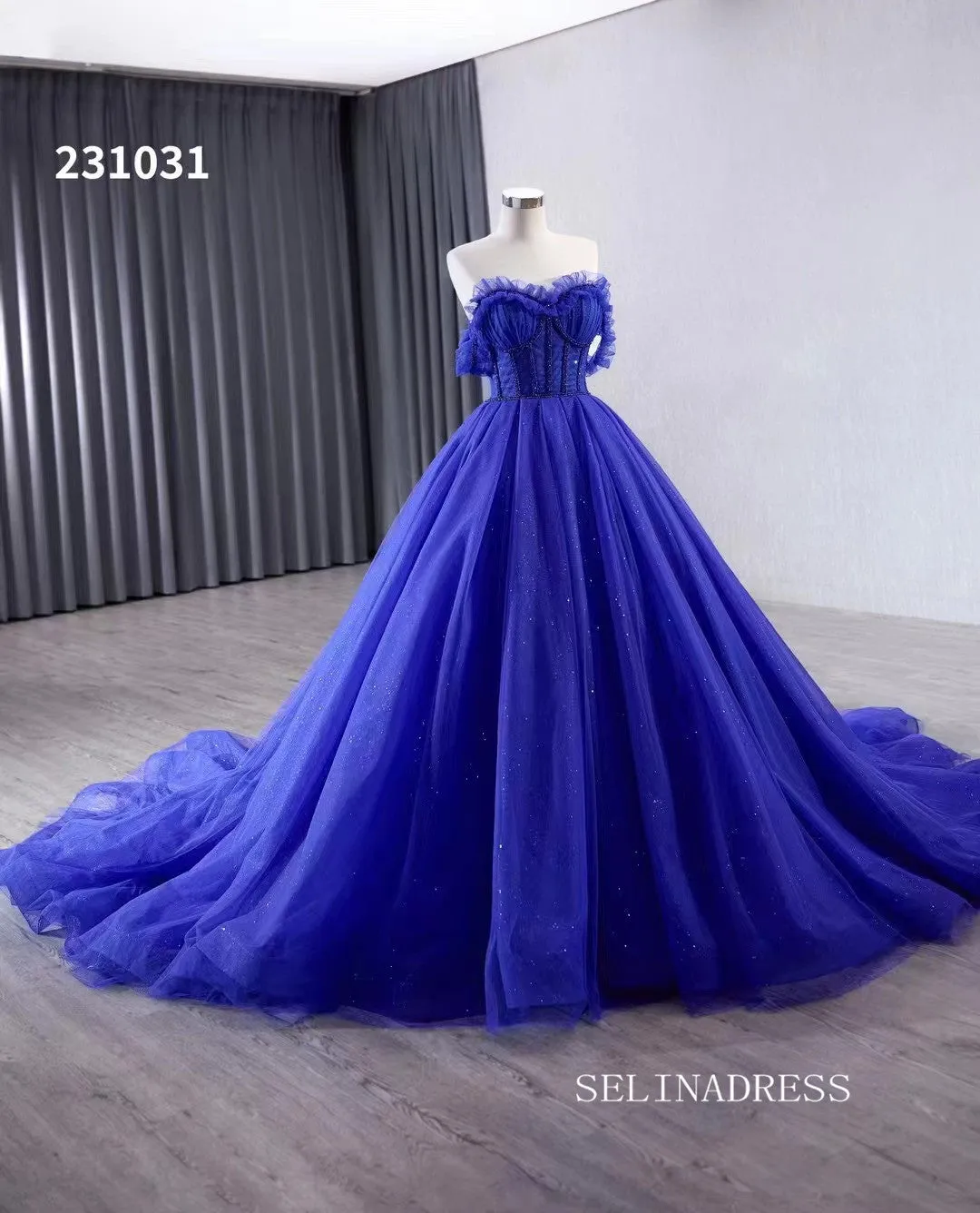 Royal Blue Sparkly Tulle Wedding Gown Off the Shoulder Quinceanera Dress 231031