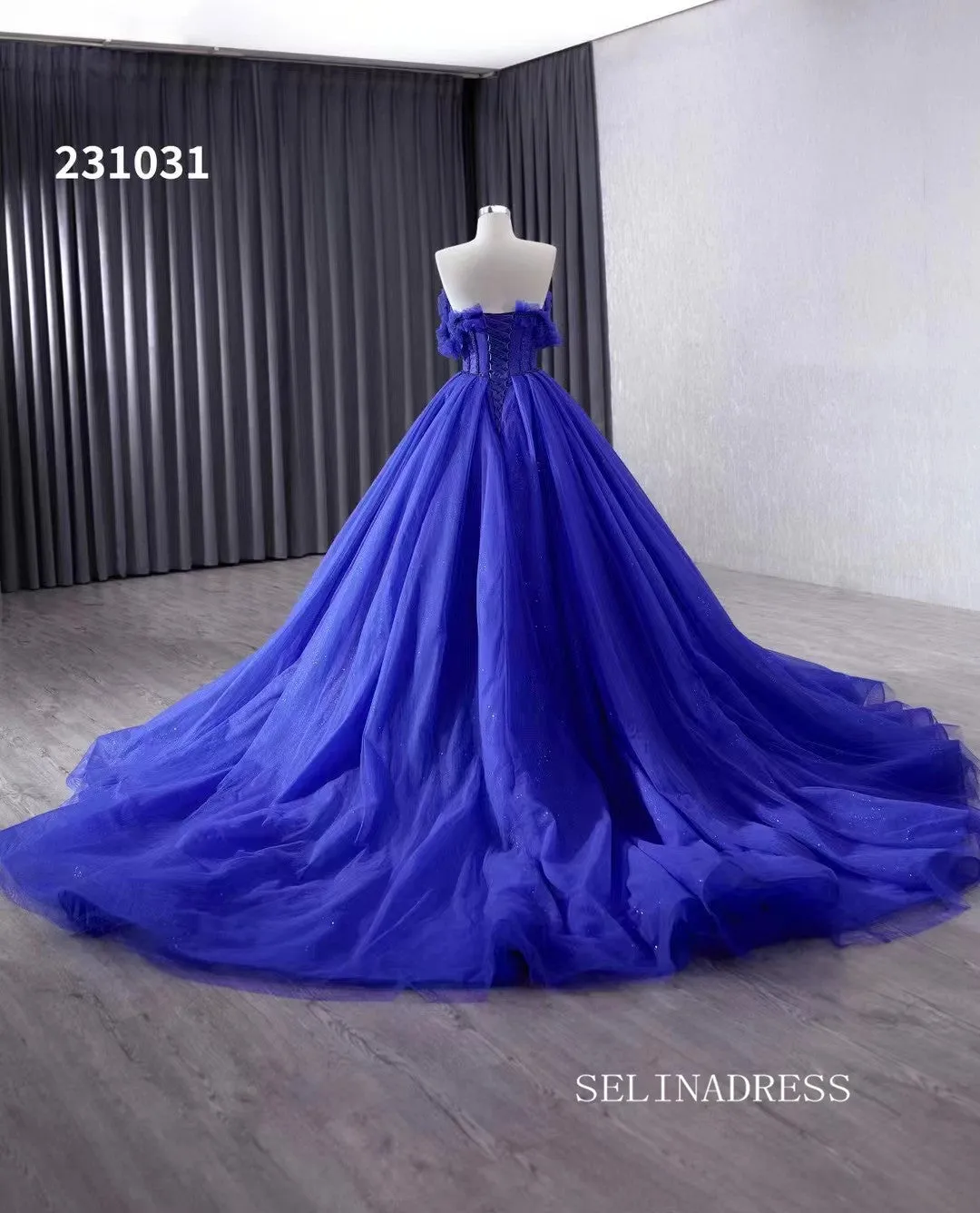 Royal Blue Sparkly Tulle Wedding Gown Off the Shoulder Quinceanera Dress 231031