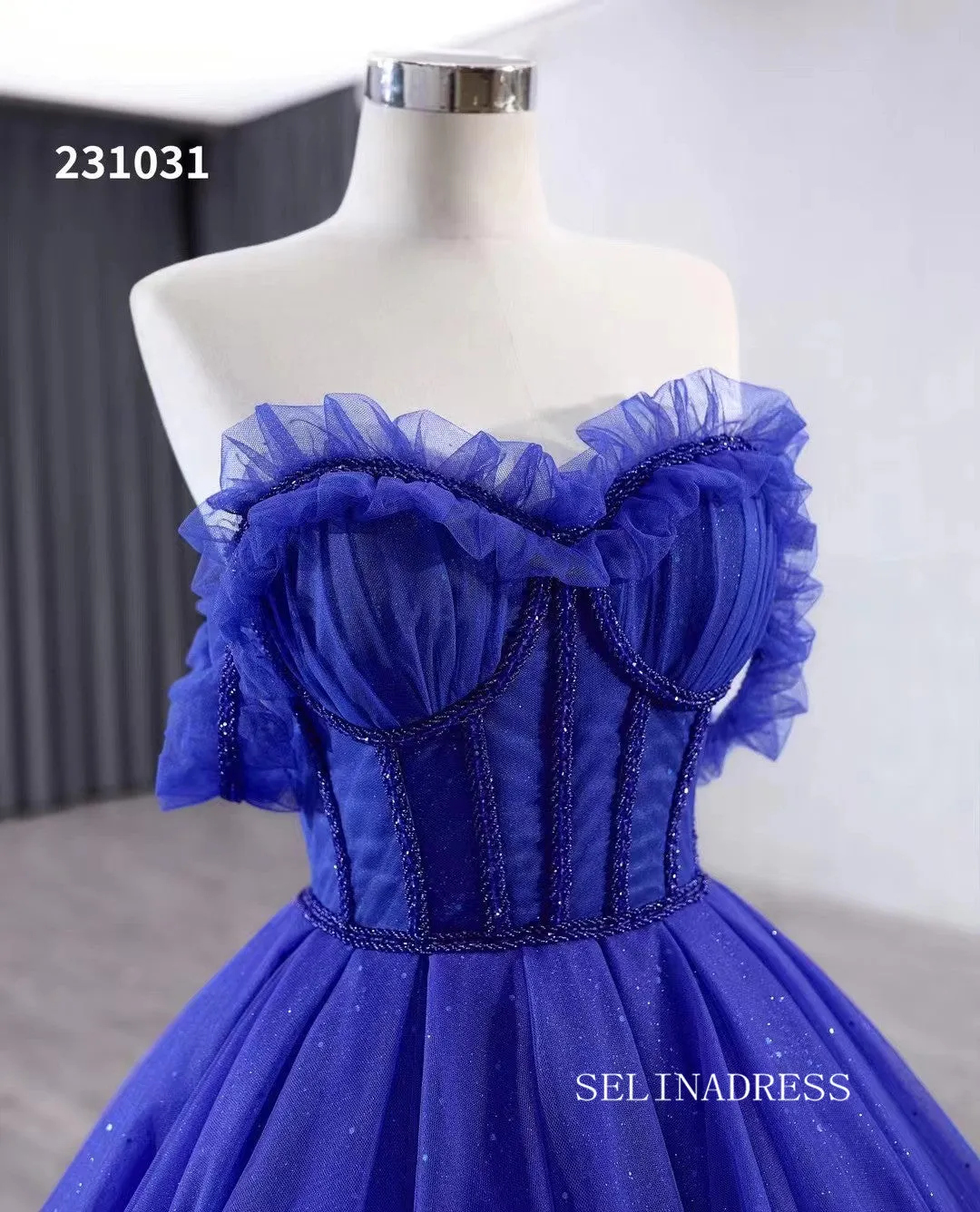 Royal Blue Sparkly Tulle Wedding Gown Off the Shoulder Quinceanera Dress 231031