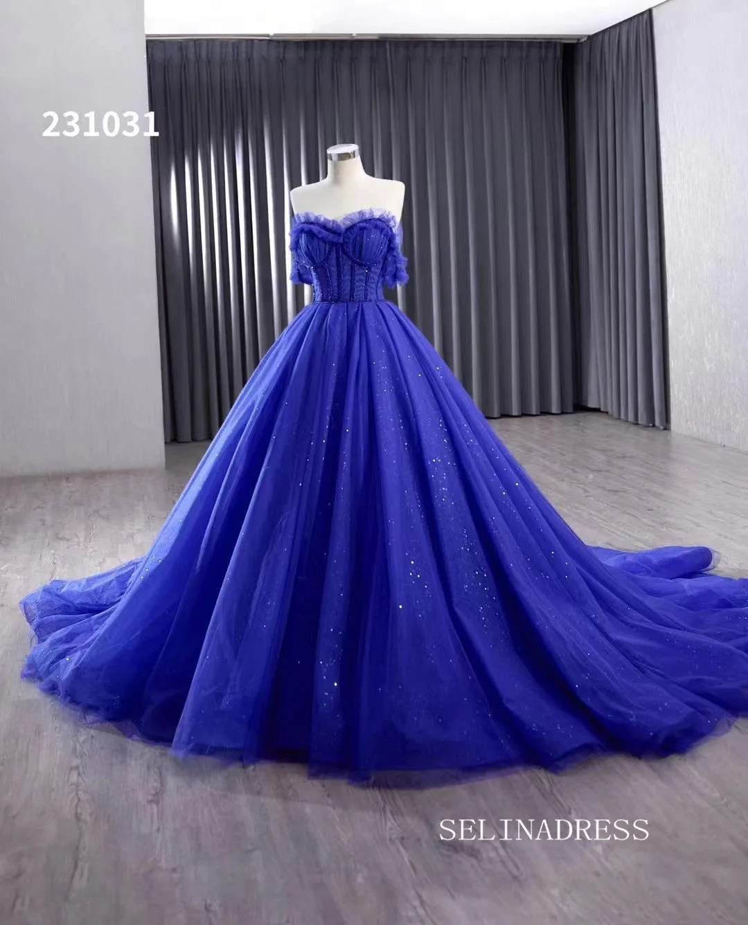 Royal Blue Sparkly Tulle Wedding Gown Off the Shoulder Quinceanera Dress 231031