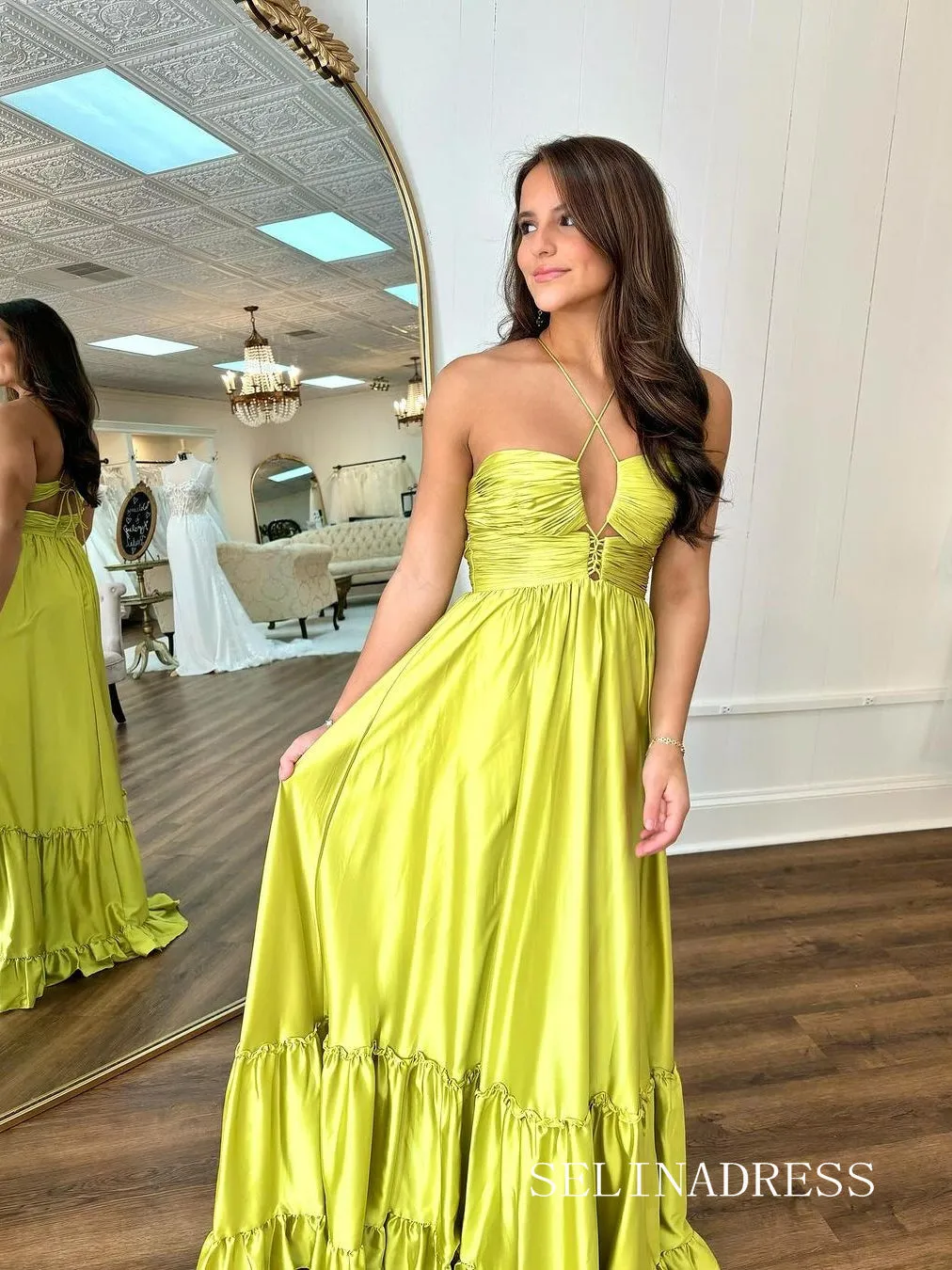 Ruched Tiered Criss Cross Spaghetti Straps Gown lpk932