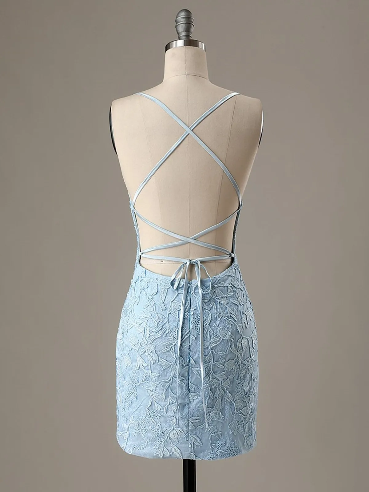 Short Light Blue Backless Lace Prom Dresses, Open Back Light Blue Lace Graduation Homecoming Dresses