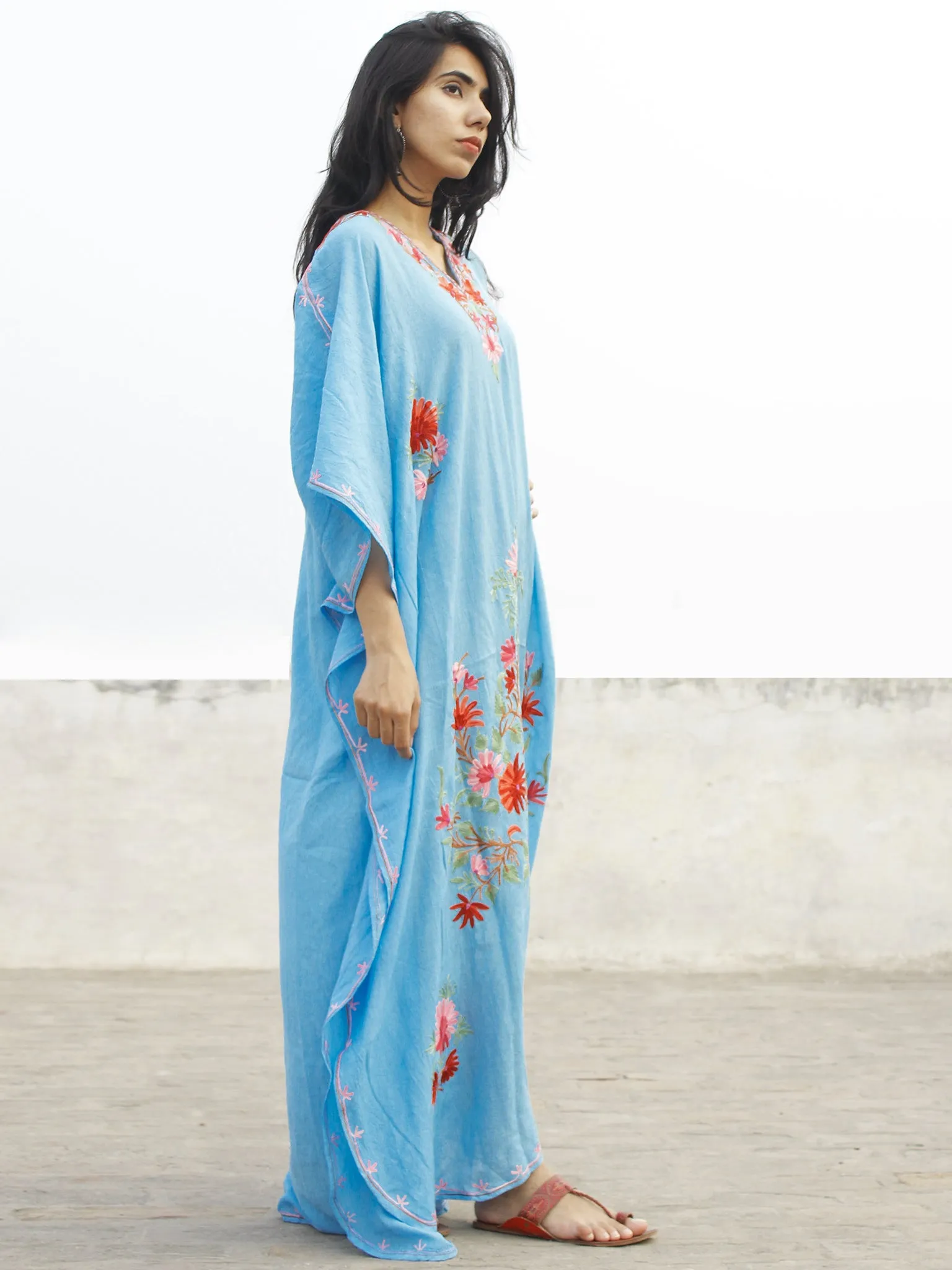Sky Blue Aari Embroidered Long Kashmere Free Size Kaftan in Crushed Cotton - K11K016