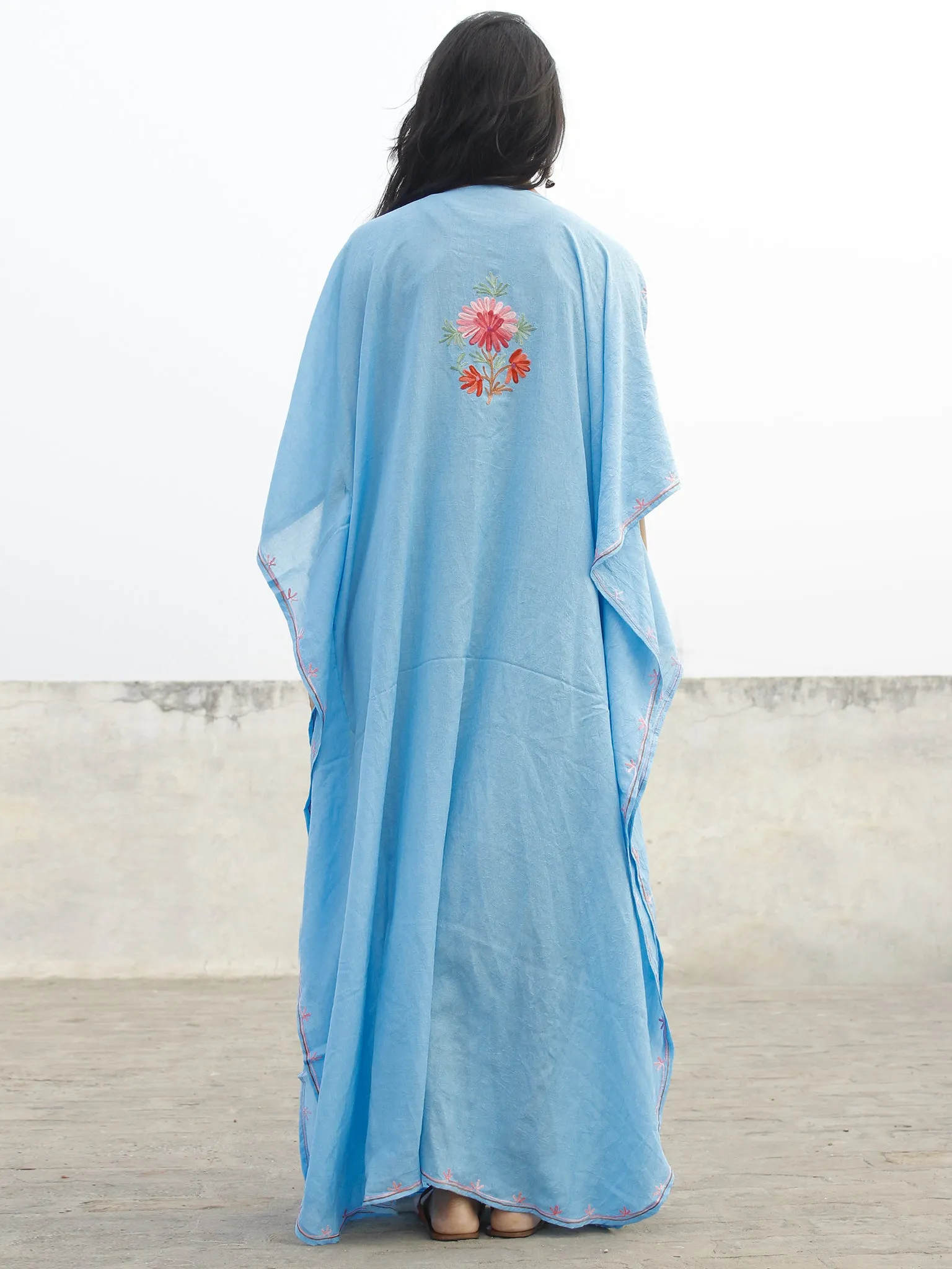 Sky Blue Aari Embroidered Long Kashmere Free Size Kaftan in Crushed Cotton - K11K016