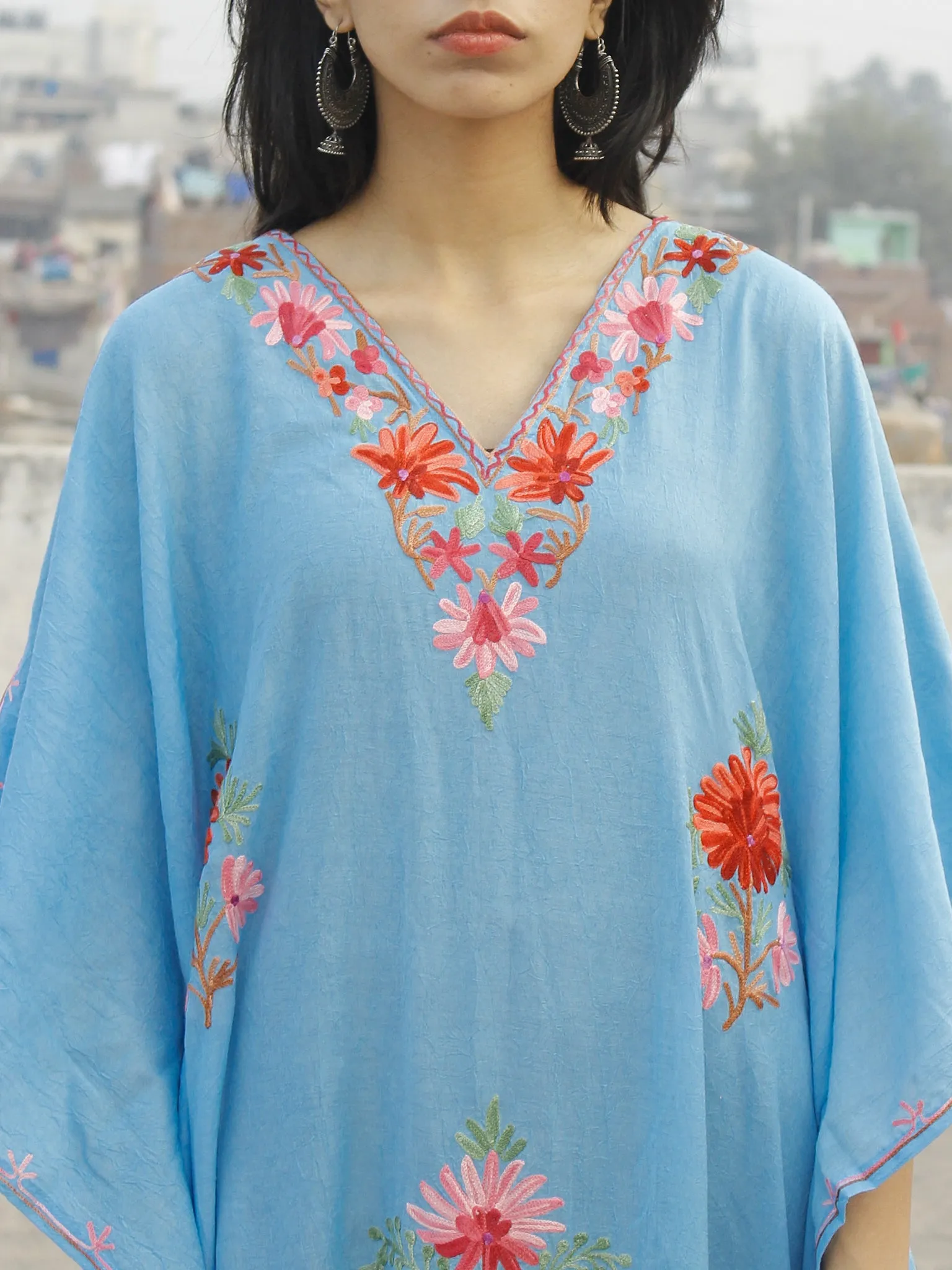 Sky Blue Aari Embroidered Long Kashmere Free Size Kaftan in Crushed Cotton - K11K016