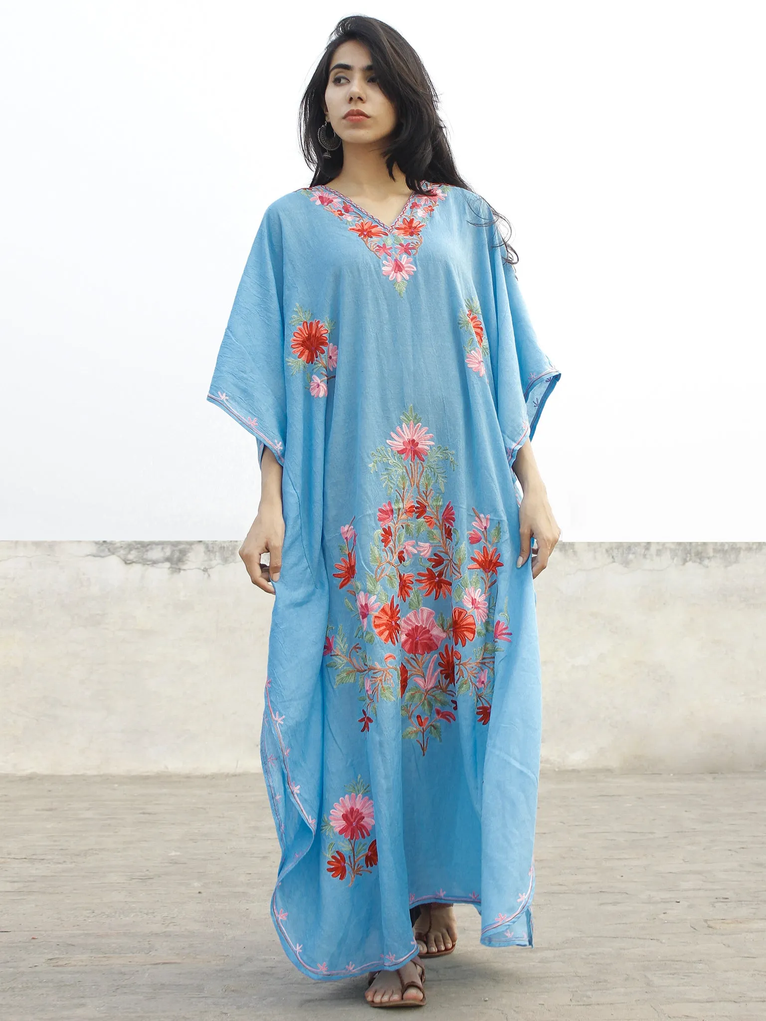 Sky Blue Aari Embroidered Long Kashmere Free Size Kaftan in Crushed Cotton - K11K016